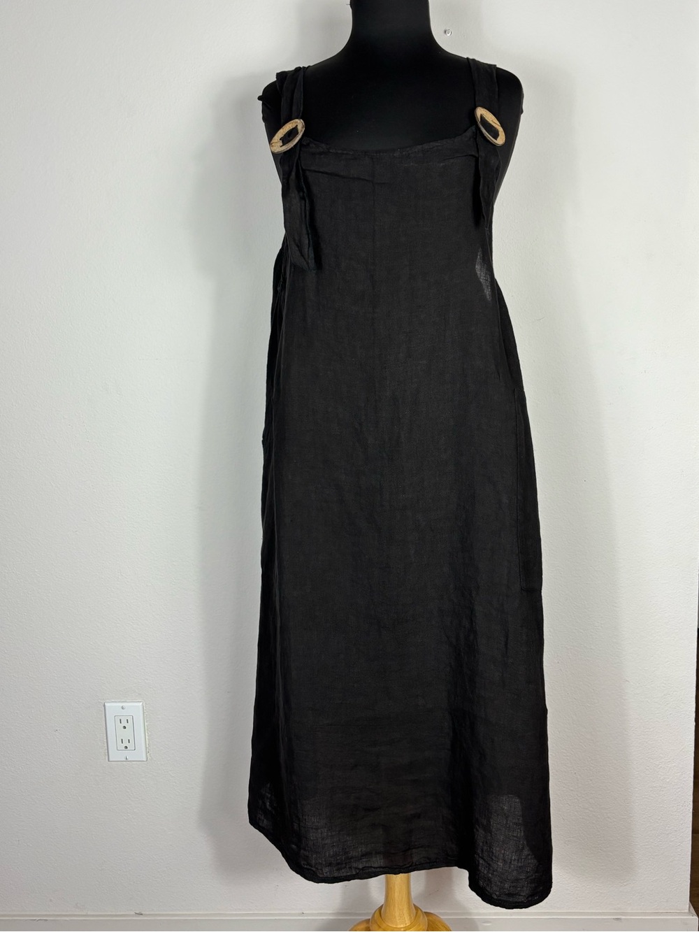 Tempo Paris 100% Linen Dress S/M Black Lagenlook Italy Pockets Midi Oversized